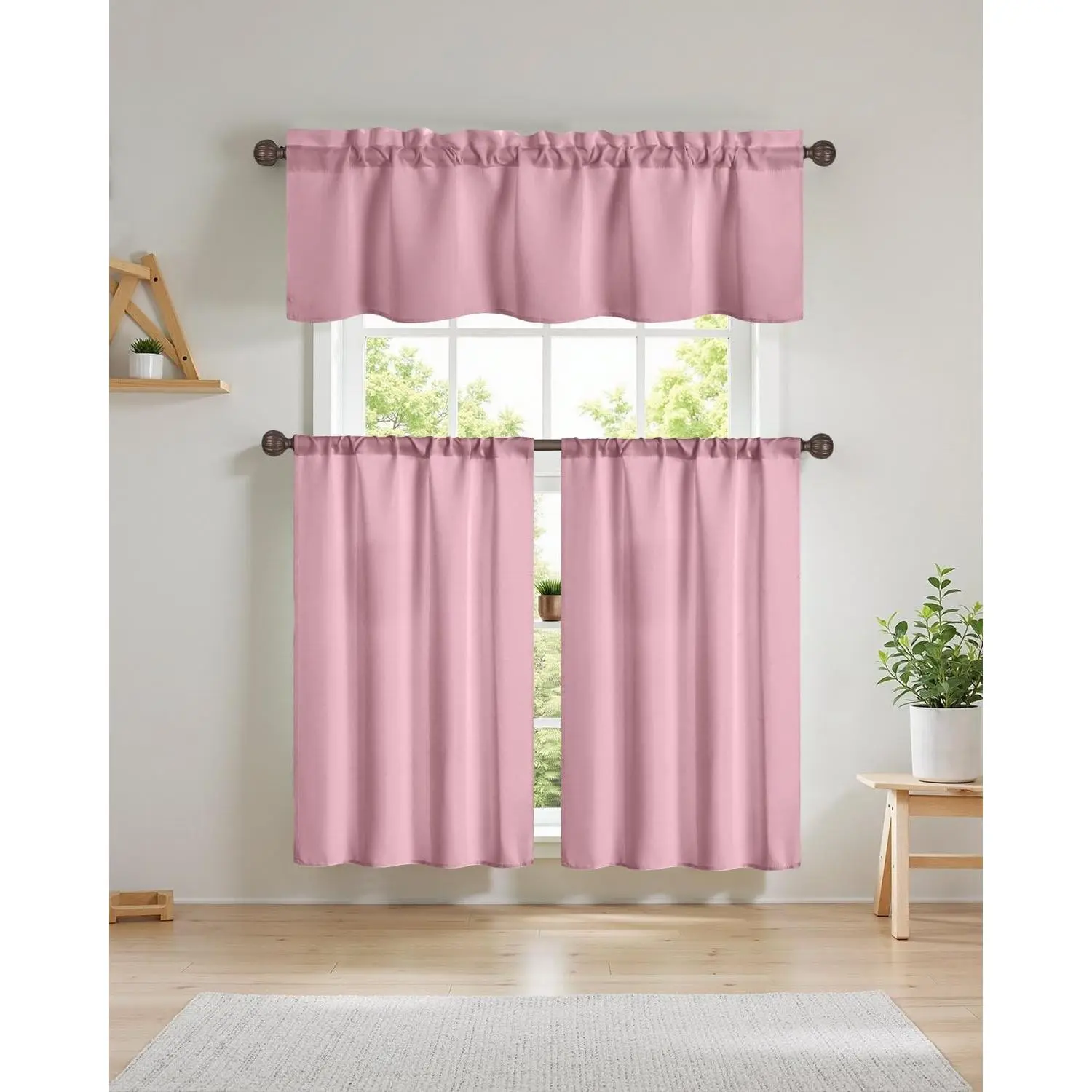 3 Piece Pink Blackout Window Curtain Set with Tiers and Valance Rod Pocket Thermal Privacy Curtain Tiers for Kitchen, Living Room, Bathroom, W27 x L36 Inch, Pink
