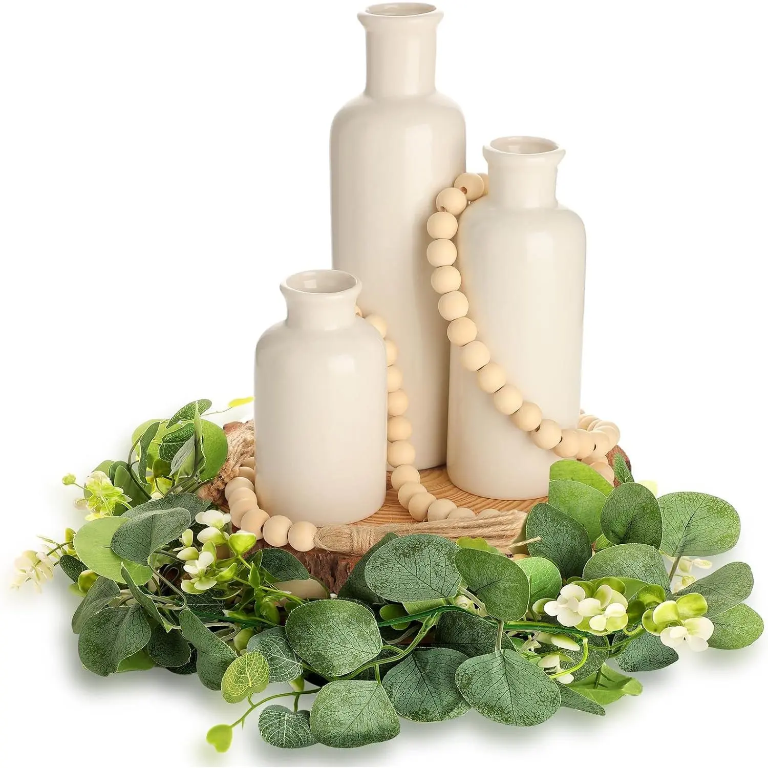 6 count Rustic Table Centerpieces, Set of 3 Boho Ceramic Vases, Wooden Serving Tray, Modern   Beads Garland Tassel, Artificial Greenery for  Coffee Tabletop Decor(White)