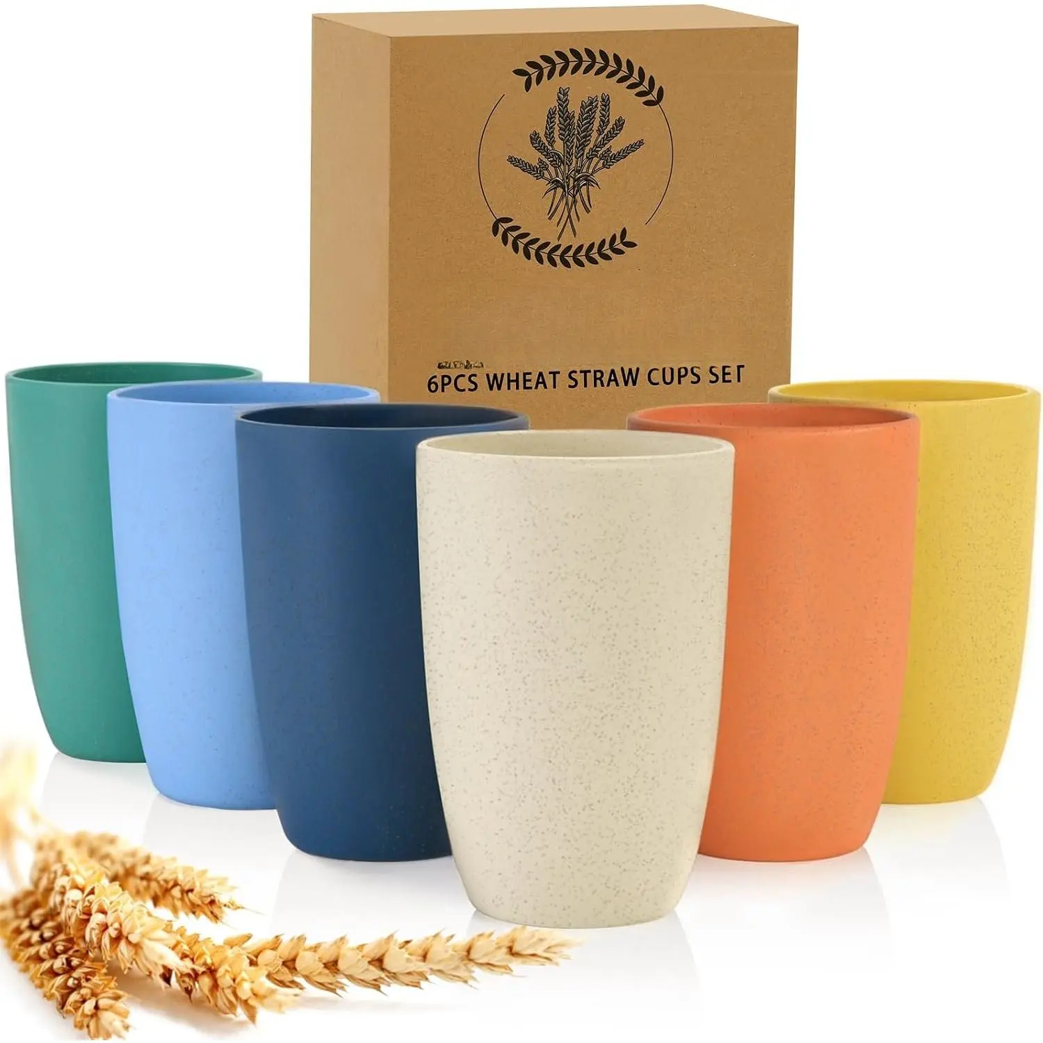 Wheat Straw Cups Set of 6, 12 oz Unbreakable Drinking, , Stackable Tumbler, Colourful Water Cup Set for Kitchen, , Dishwasher & Microwave Safe, with 6 Colors Cups