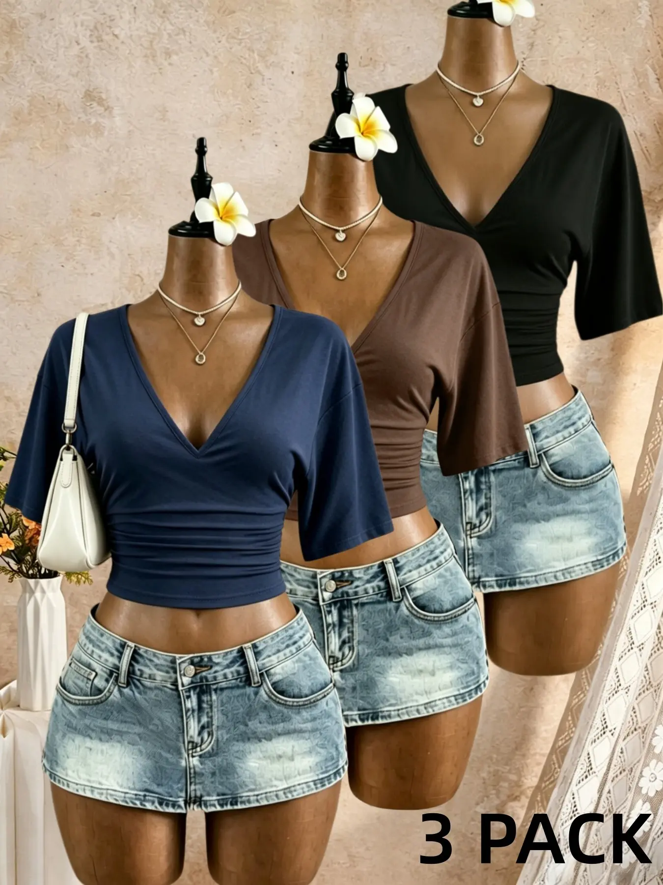 Women's Slim-Fit Deep V-Neck Half Sleeve Short Tops, Three-Piece Set, Casual Basic Solid Color Ruched T-Shirts, Comfortable and Stylish Clothes