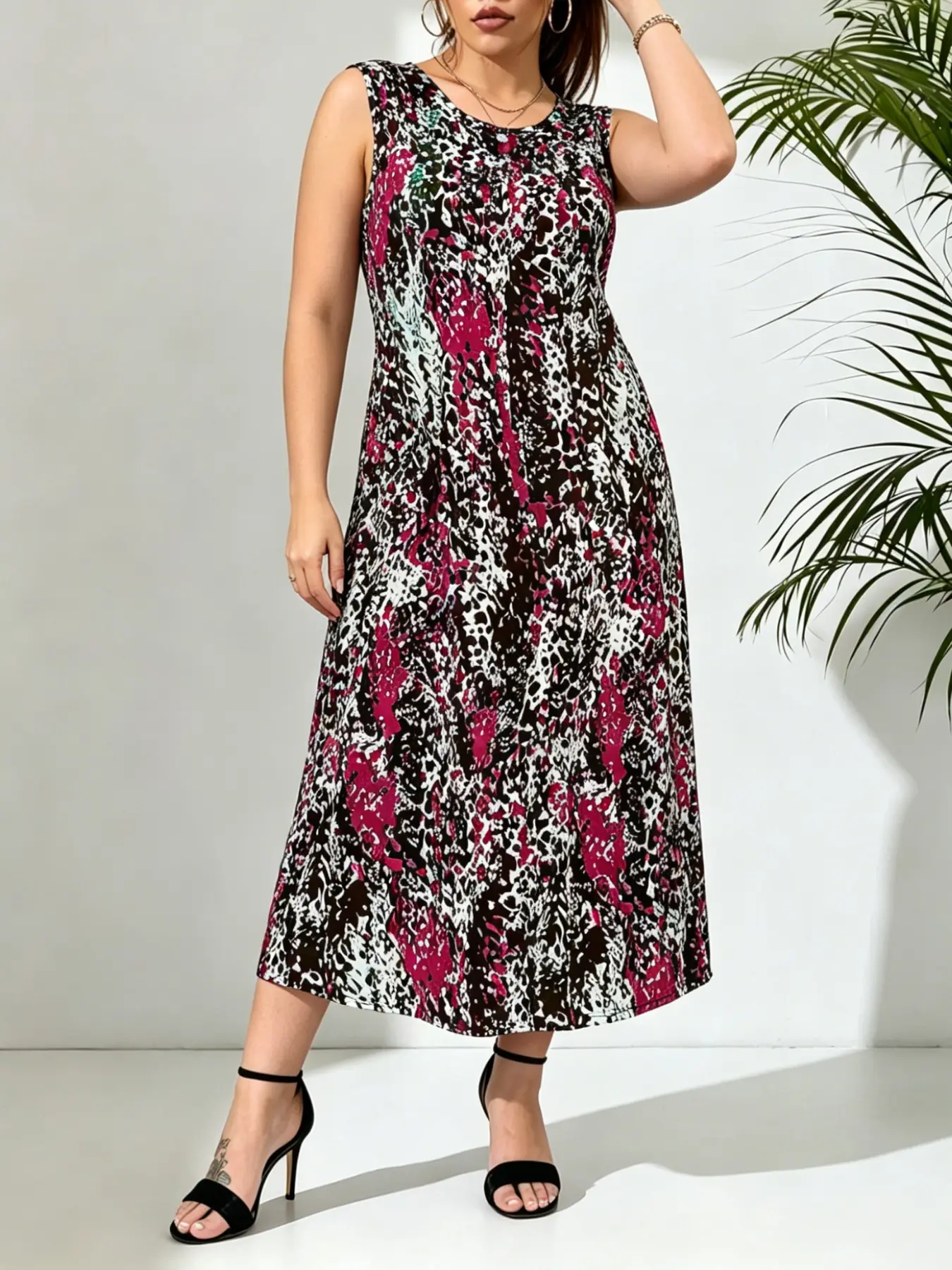 Plus Size Casual Sleeveless Abstract Print Boho Long Dress, Comfortable Elastic Flowy A-Line Vest Dress, Women's All-Season Summer