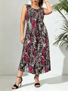 Plus Size Casual Sleeveless Abstract Print Long Dress, Comfortable Elastic Flowy A-Line Vest Dress, Women's All-Season