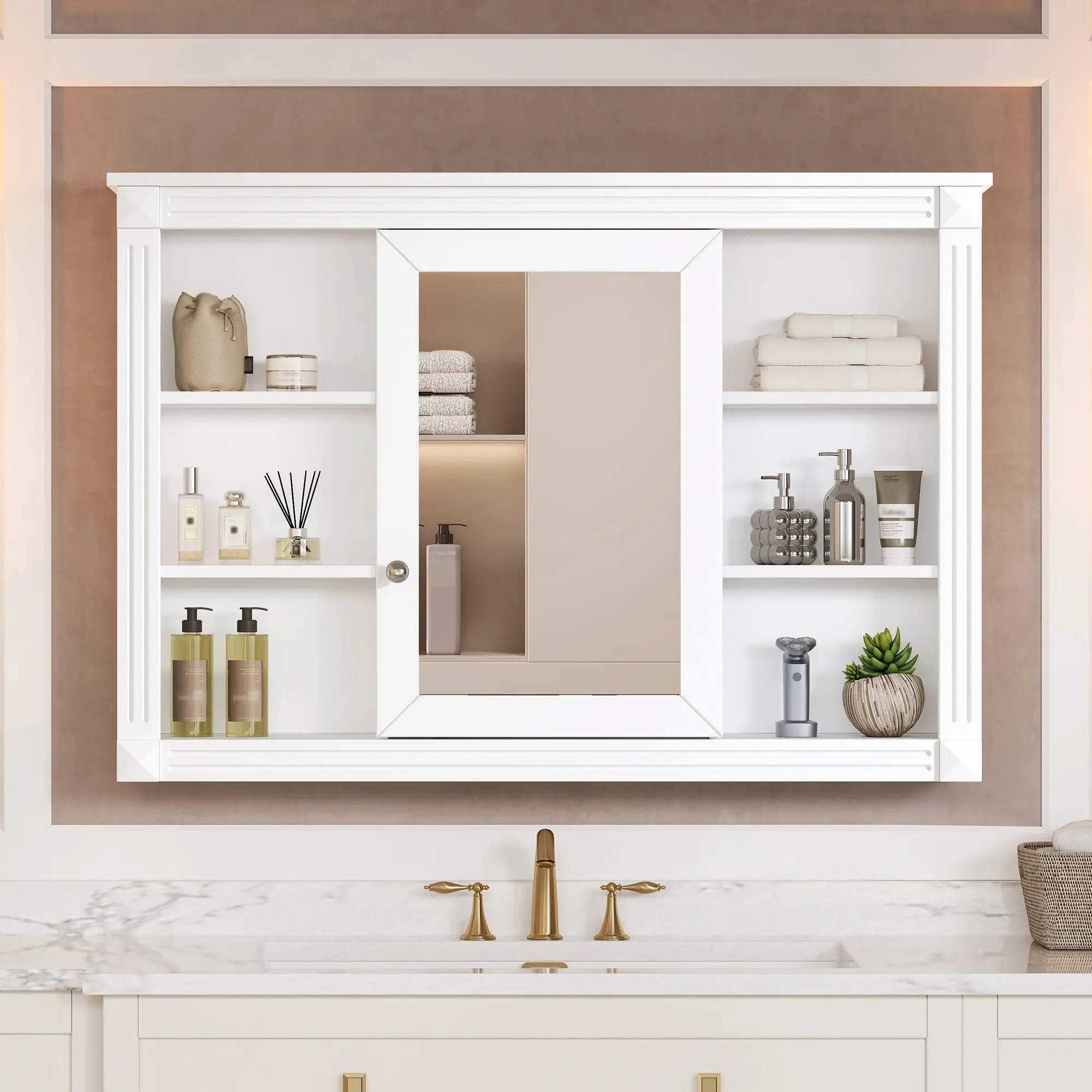 ARCH 42 Inch Wall Mounted Bathroom Storage Cabinet with Mirror, Modern Medicine Cabinet with 6 Open Shelves, Wall Cabinet Organizer for Bathroom, White Finish, Space Saving Over Toilet Storage Solution, Bathroom Furniture for Vanity Area, Storage
