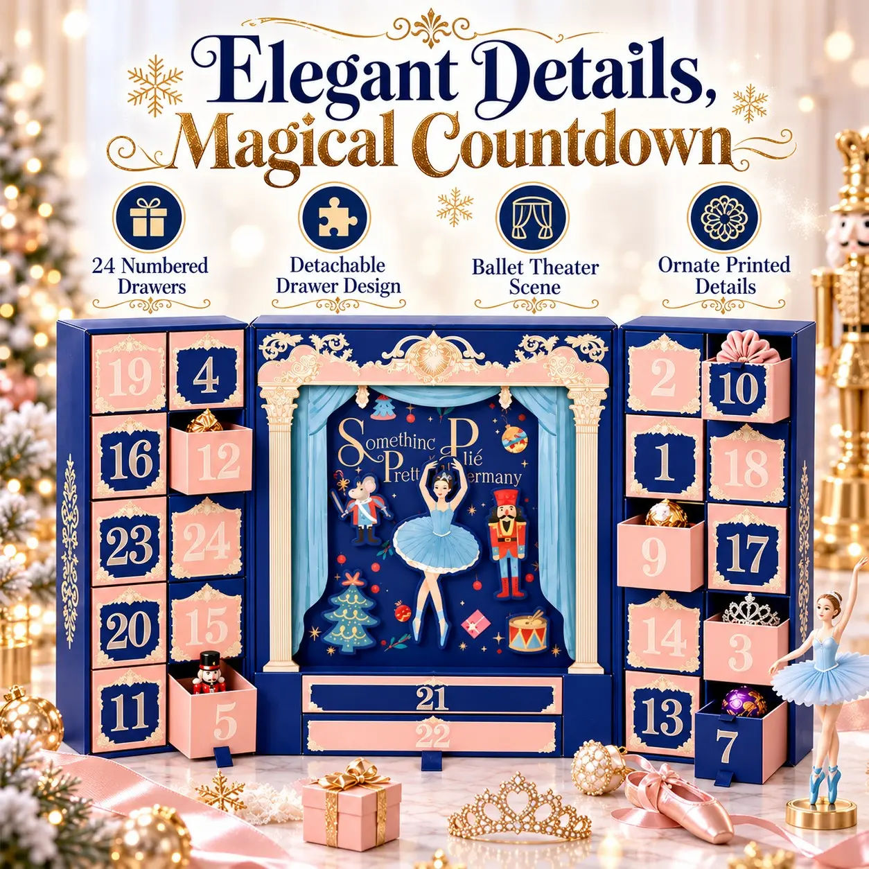 24 Days Nutcracker Ballet Advent Calendar Box, Fillable Christmas Countdown Gift Box with 24 Detachable Drawers, Reusable Surprise Blind Box Organizer, Theater Theme Holiday Gift for Women, Girls, Friends & Family, Refillable Gift Box