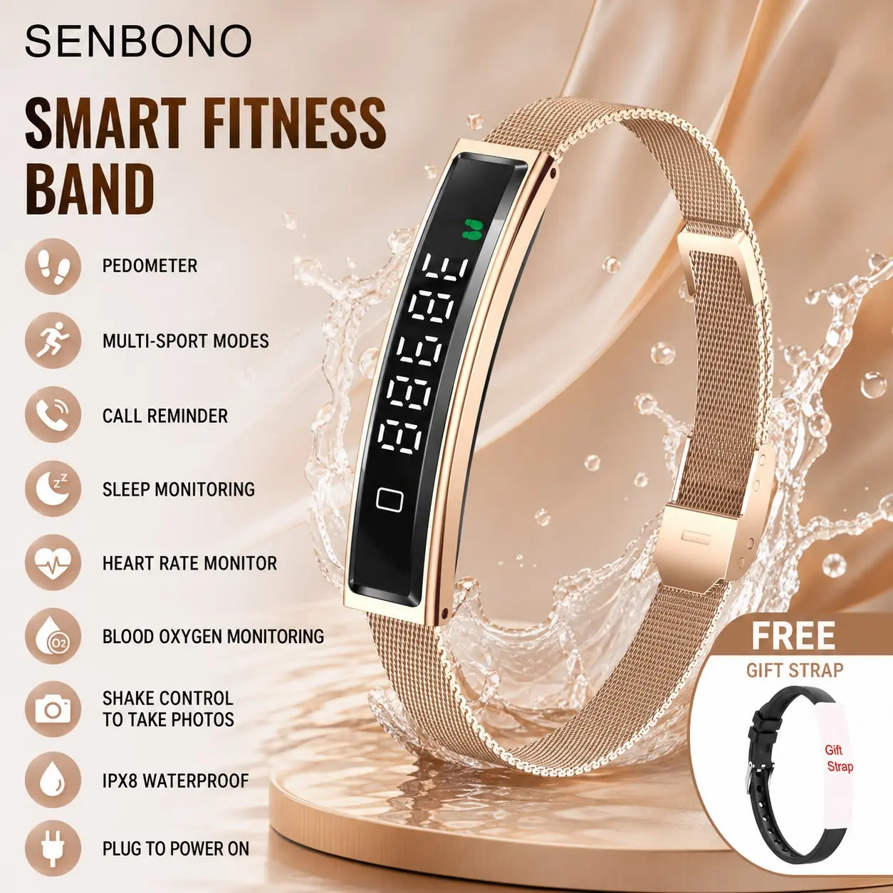 SENBONO Outdoor Sports Smart Band, Auto Sport Mode Recognition, Pedometer, Heart Rate & Blood Oxygen Sensor, Sleep Monitoring, Magnetic Charging