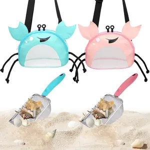4PCS Beach Toy Mesh Shovel and Mesh Beach Bag Seashell Bag,for Sand Filter & Collect Shells,Sand Sifter Shell Collecting Tools(Blue-Pink Crab)(Gift)