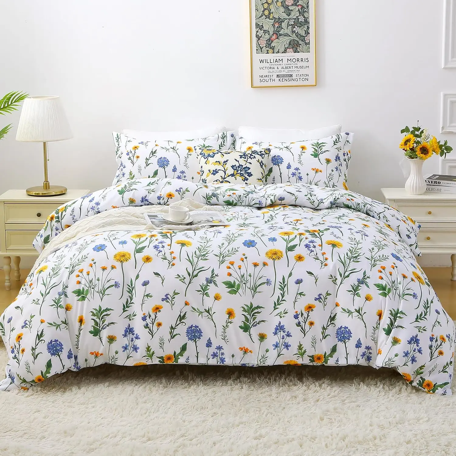 Duvet Cover Queen Size, 3 Piece Floral Duvet Cover Set with Zipper Closure, Soft & Breathable Microfiber Botanical Patterned Bedding Set with 4 Corner Ties and 2 Pillow Shams
