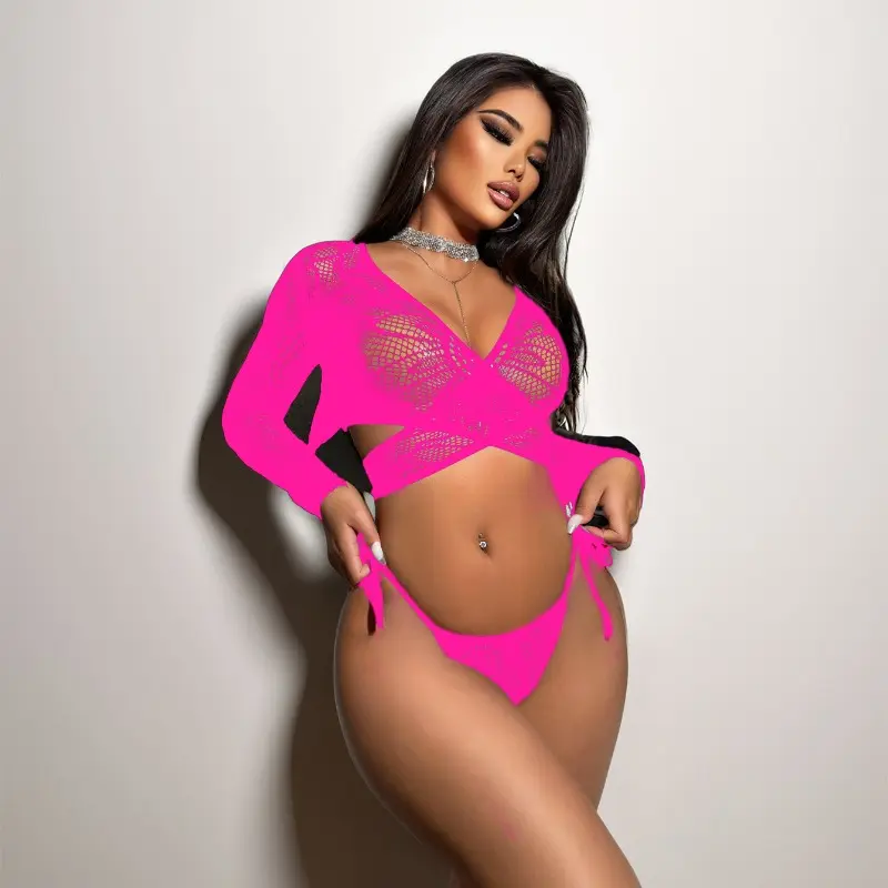 Women's 2-Piece Mesh Fabric Bikini Set - Long Sleeve, Open Back, Crisscross Tie Bathing Suit