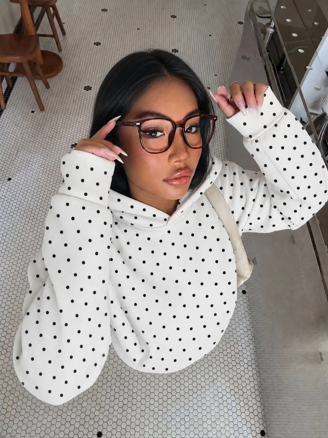 Women White Black Polka Dot Cropped Hoodie Long Sleeve Loose Pullover Hooded Sweatshirt Casual Streetwear