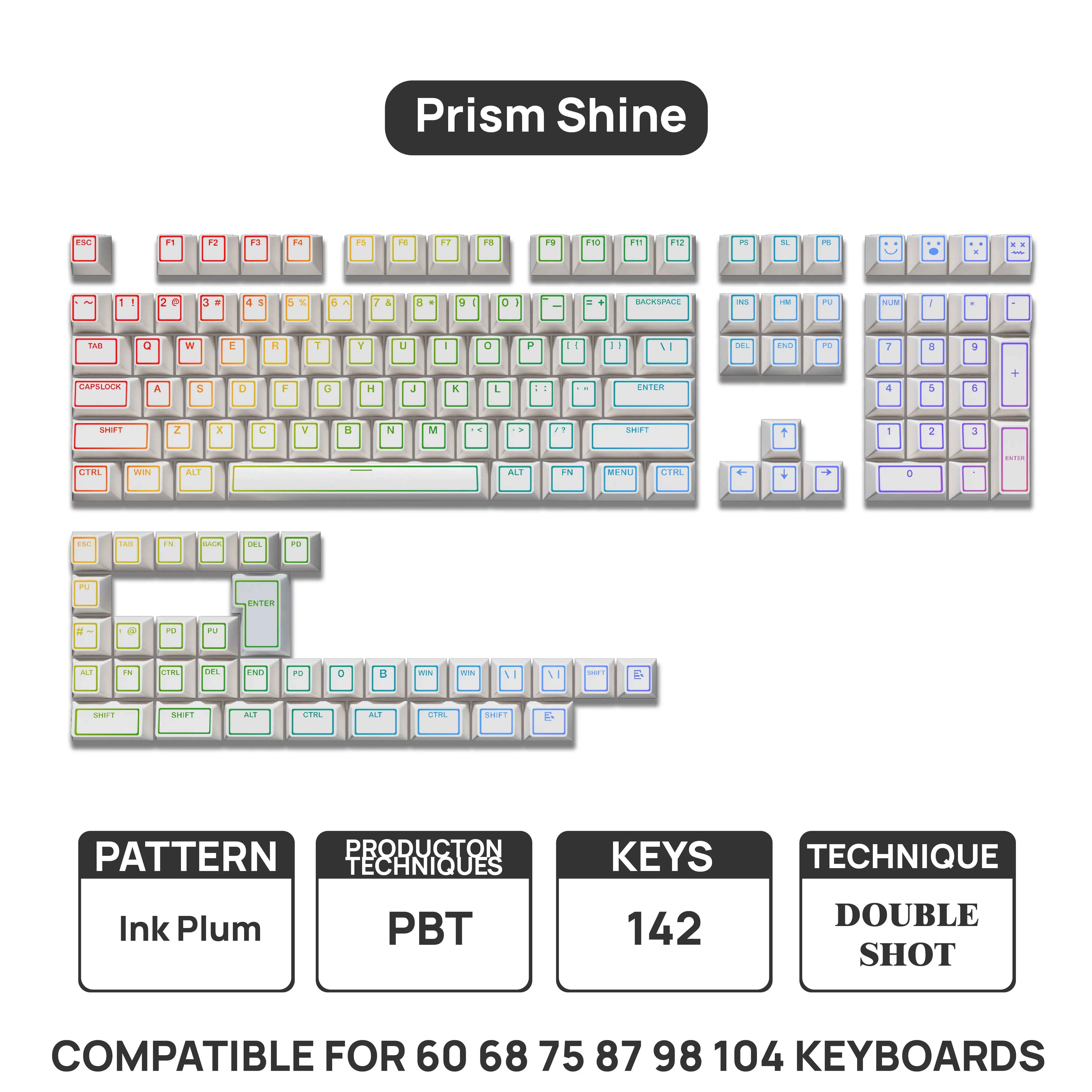 Brand new translucent PBT keycaps in pure white with an optically clear front and one-piece molding, featuring a unique, distinctive color scheme.