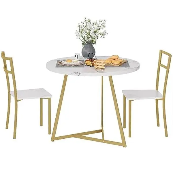 GARVEERound Dining Table Set for 2, Modern Kitchen Table Chairs, Wood-Grained MDF, Metal Frame, Space-Saving, Ideal for Small Apartments(White)