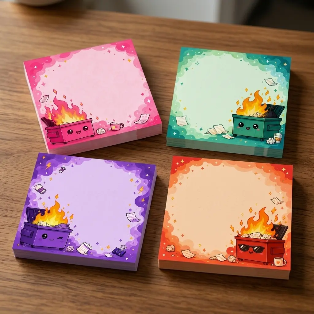 Cute Dumpster Fire Sticky Notes 4 Pack, 3x3 Inch Funny Kawaii Memo Pads for Office Workers, 50 Sheets/Pad Desk Accessories, Hilarious Gag Gift for Coworkers, Friends, Adulting Humor