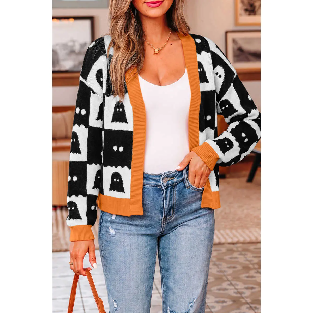 Women's Halloween Ghost & Geometric Print Long Sleeve Knit Cardigan - Drop Shoulder, Comfortable Relaxed Fit, Button Front Matching Outerwear, Knitwear, Tops, Daily Wear, Ghost Print, Full Sleeves
