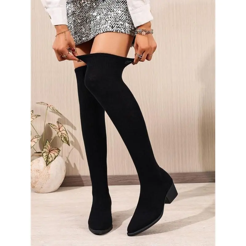 Women's Fashion Elastic Over-The-Knee Boots, Comfortable Stretchy Material, Pointed Toe Wedge Heels, Fall & Winter Casual Wear