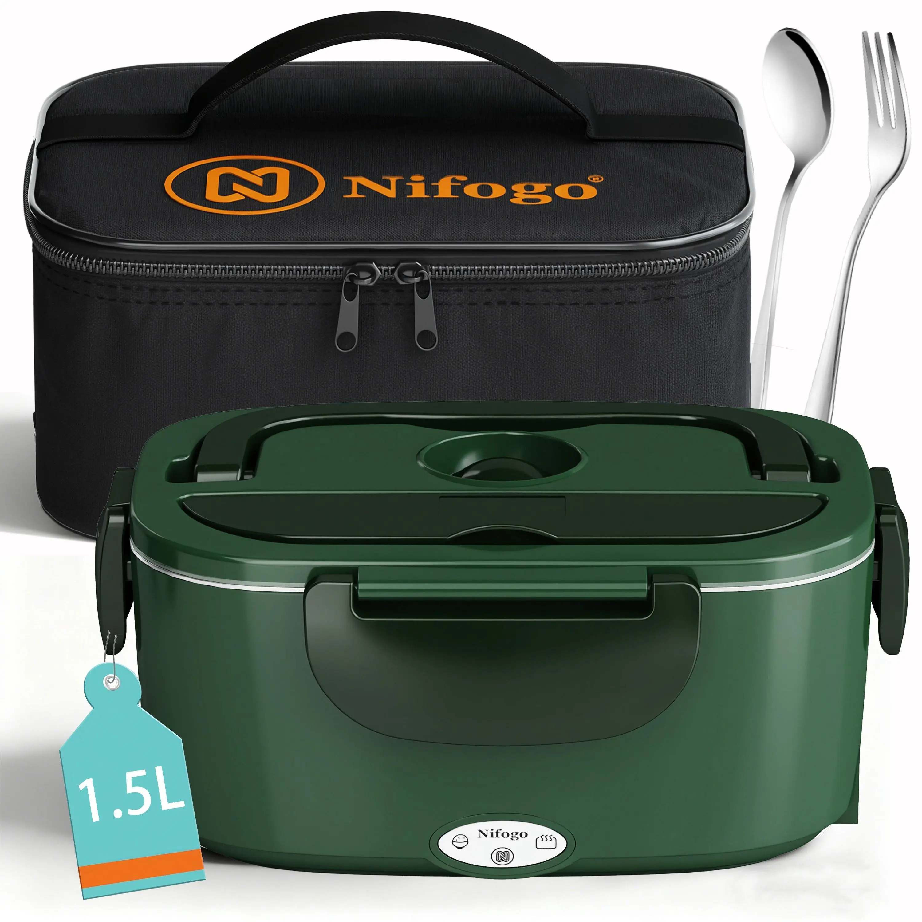Nifogo 80W-100W Steady Heat 1.8L Stainless Steel Square Black Electric Lunch Box Tableware - Portable Food Heater with Display Screen, 12V/24V/110V for Car/Truck Work
