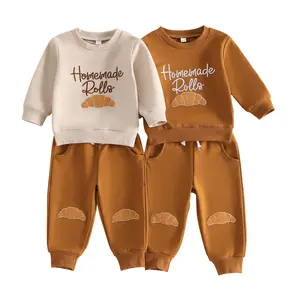 Toddler Baby Little Boys Thanksgiving Outfits Croissant Embroidery Long Sleeve Tops and Pants Fall Winter Set 6M-4T