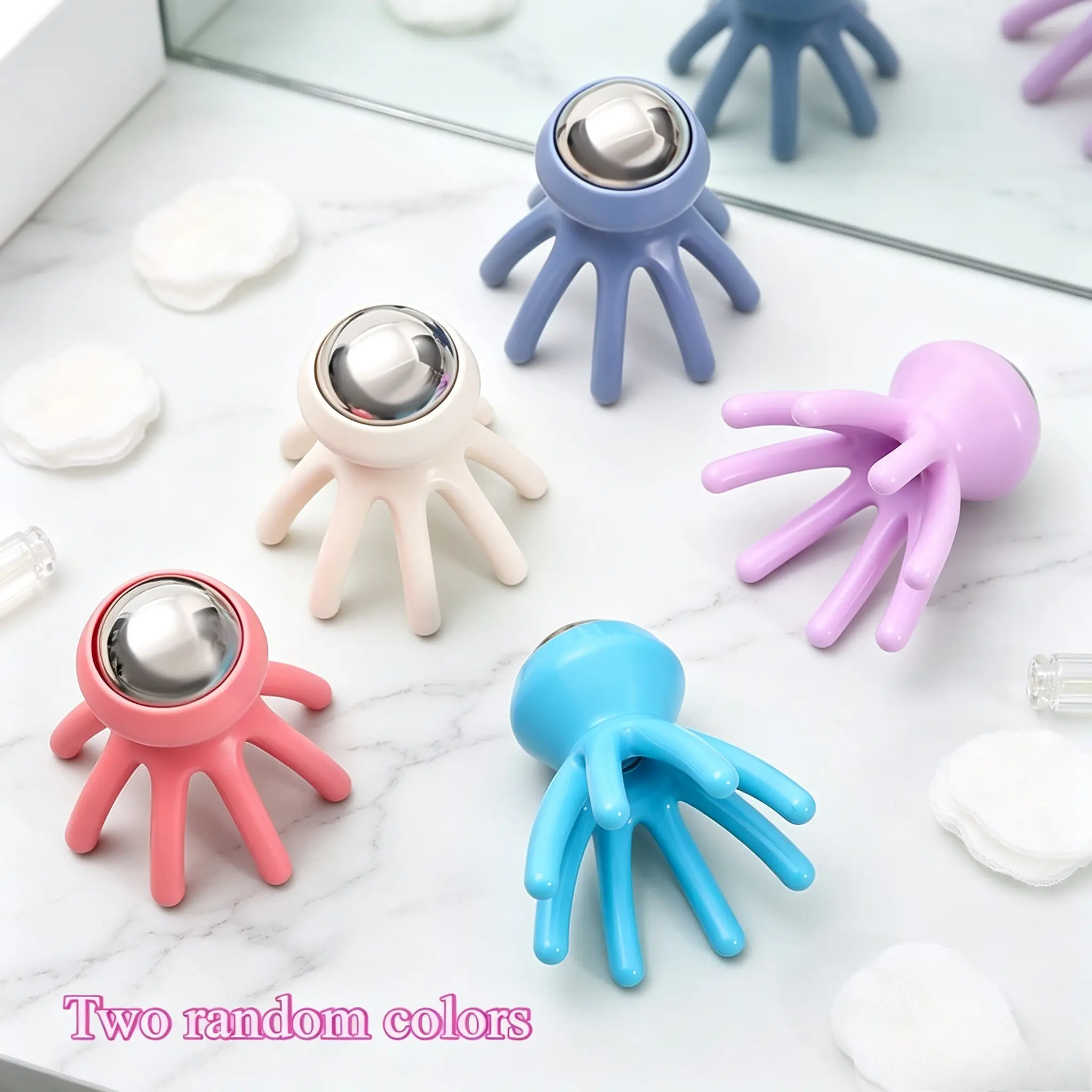 2Pcs Octopus Ice Globes in Random Colors, Stainless Steel Facial Massage Balls for Hot & Cold Therapy. Relieve puffiness, fade dark circles, tighten pores, perfect for home SPA and portable skincare massage.