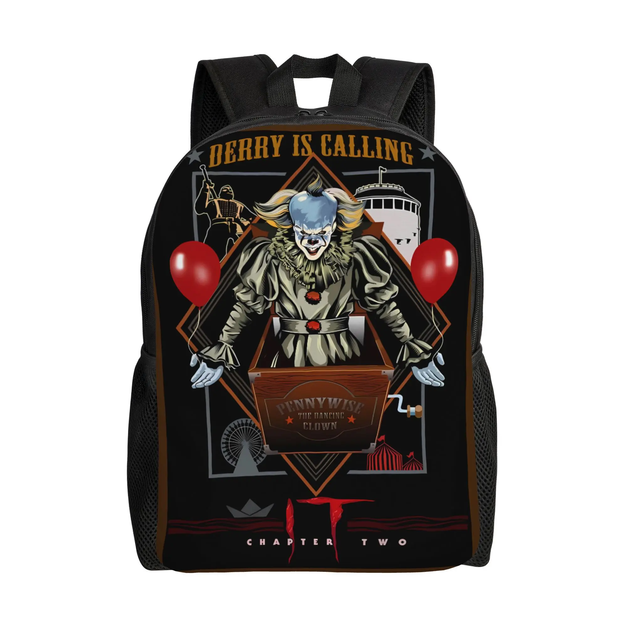 IT Chapter Two Pennywise The Dancing Clown Backpack, Derry Is Calling Red Balloon Horror Movie Graphic Daypack, 600D Oxford Lightweight School Bag Padded Straps Fits 15-inch Laptop, Side Mesh Pockets Washable Halloween Backpack for Horror Film Fans
