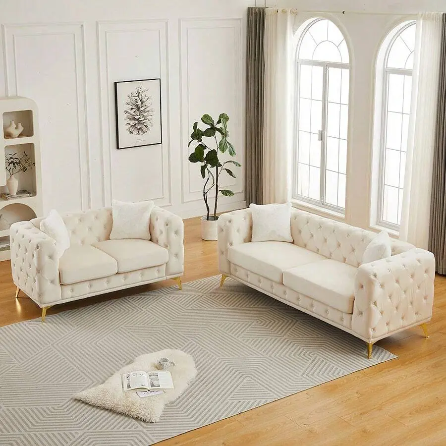 Luxury Velvet Chesterfield Upholstered Sofa - 1pc Button Tufted Quilted Stitch Deep Seat Couch with Metal Legs, 2-Seater/3-Seater Sofas for Living Room, Apartment Office