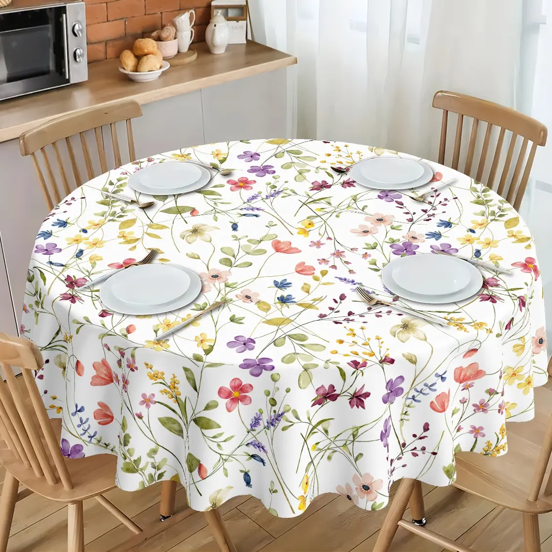 Colorful Watercolor Wildflower Tablecloth | Vibrant Botanical & Soft Butterfly Center Print | Cottagecore Aesthetic Table Cover for Kitchen Dining Garden Party | Round & Rectangle