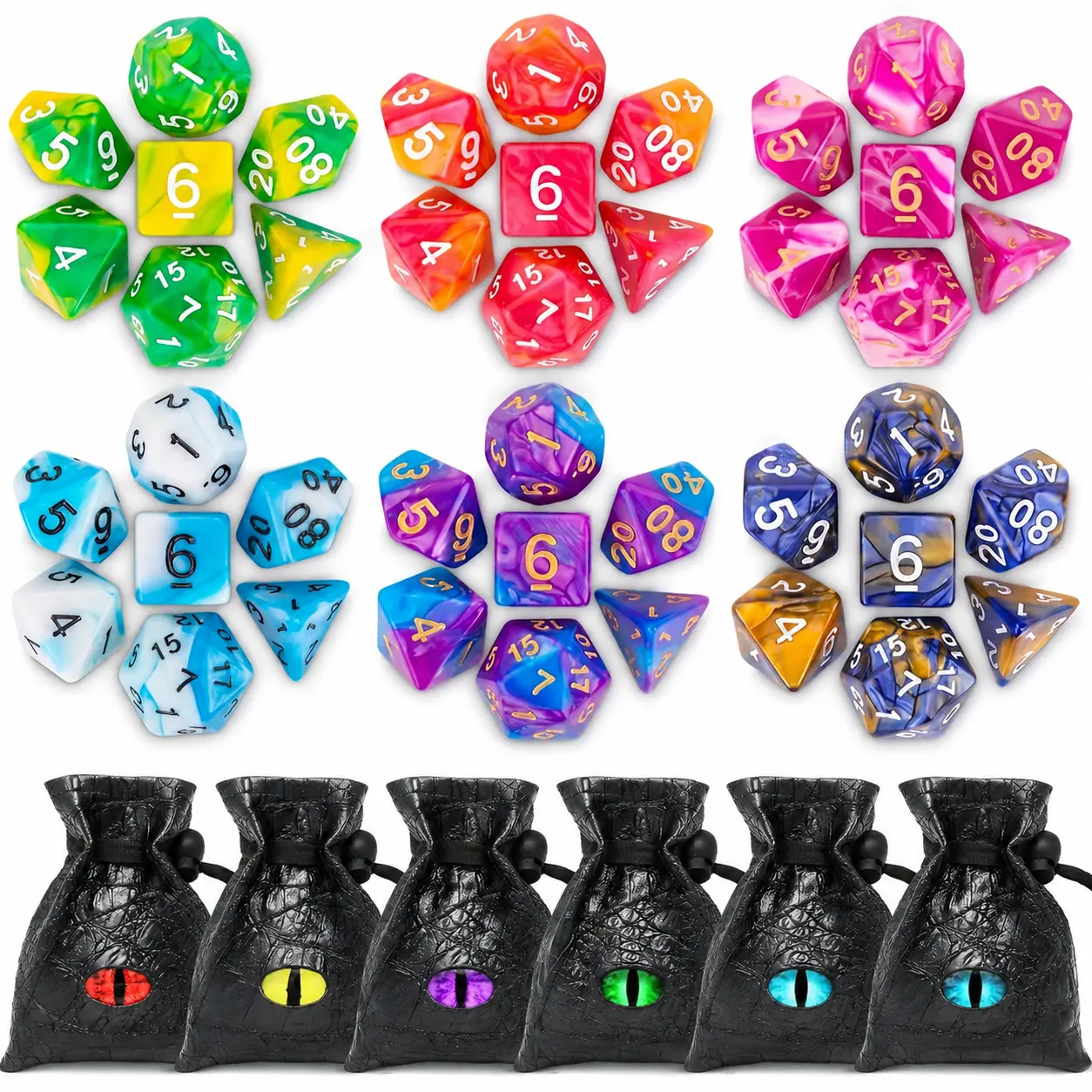 Acrylic DND Dice Set - 42-Piece Polyhedral Dice Set with 6 PU Leather Pouches, Compatible with RPG Games, Dungeons & Dragons (D&D), MTG Tabletop Games, Acrylic Dice