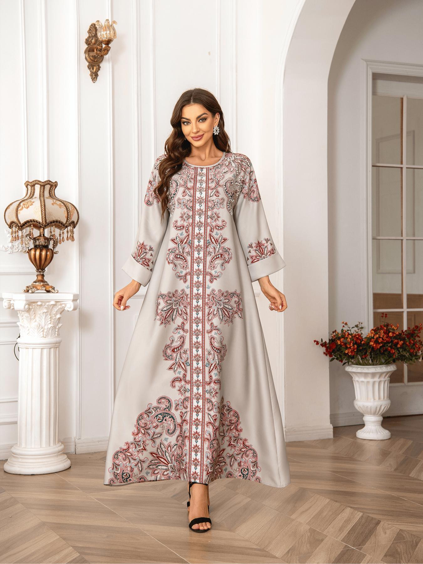 Elegant Boho Muslim Women's Long Robe, All over Print, Loose-Fitting, Round Neck, Flap Sleeves, Long Sleeve, All Seasons
