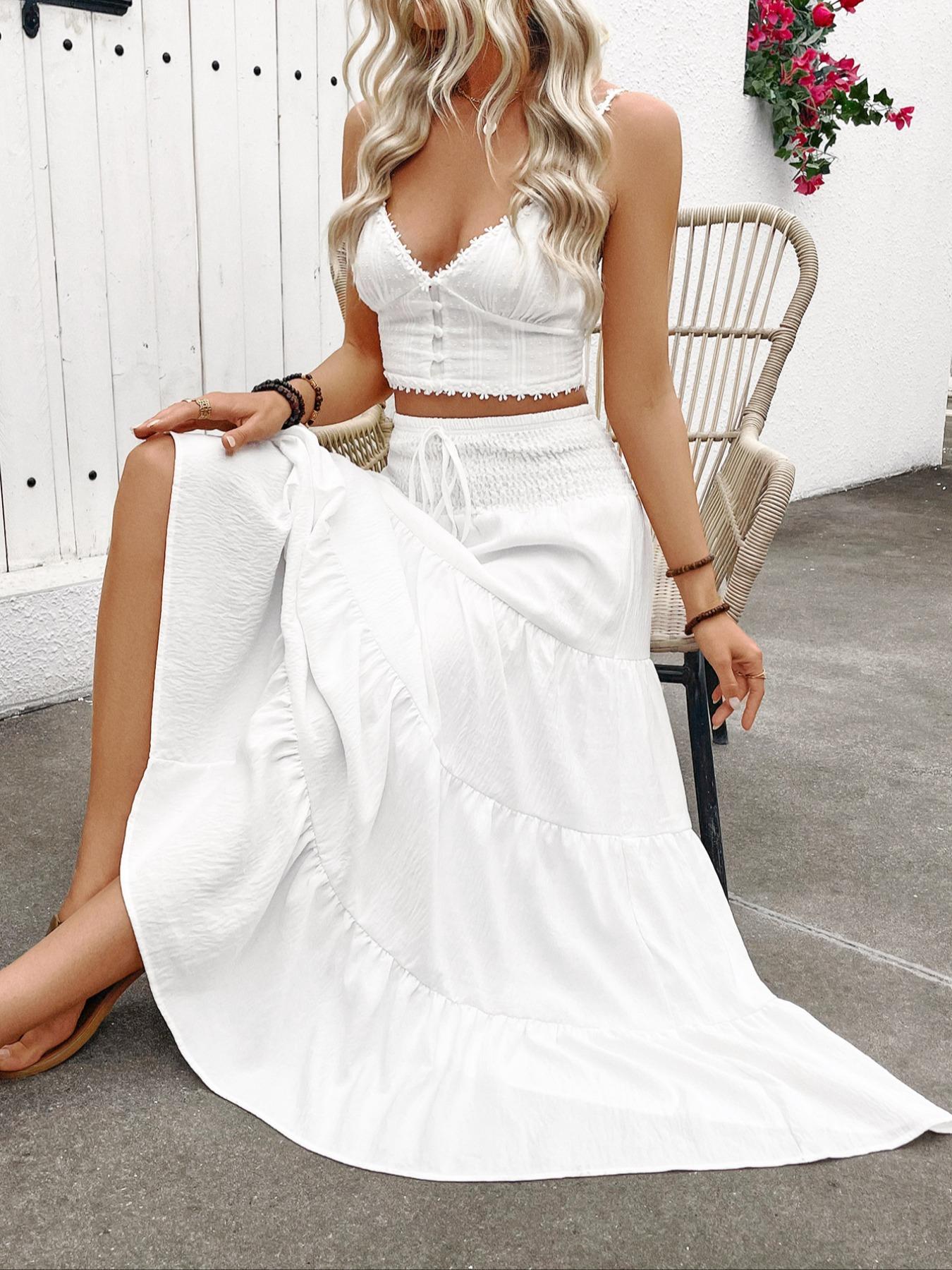 Women's Plain Boho Style High Waist A-Line Skirt, Woven Elasticity Loose-Fitting Long Dress with Drawstring Design, Casual Fashion for All Seasons