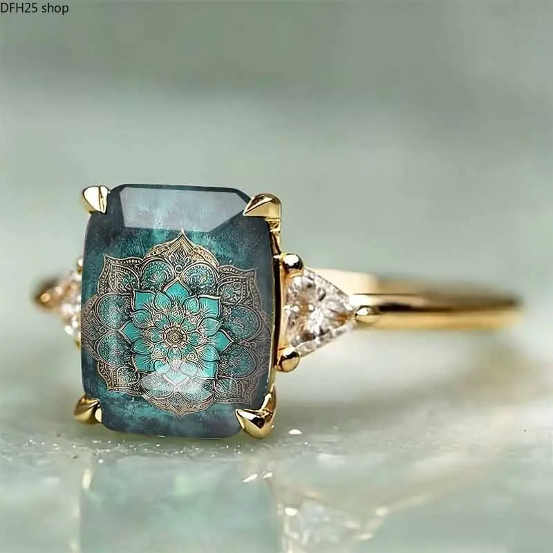 Vintage Square Mandala Flower Art Ring with Bohemian Floral Pattern, Alloy Statement Ring, Lightweight Fashion Jewelry for Daily Wear, Casual Outfits and Minimalist Style