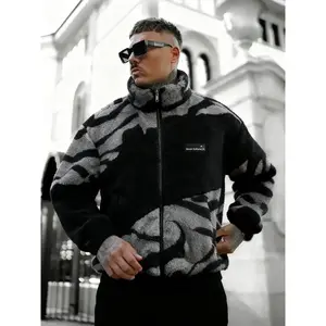 18ACTIVEKITBlack/gray camouflage printed wool jacket, suitable for both men and women in autumn and winter fashion, warm jacket, stand up collar design/soft Sherpa/casual couple outfit, casual fashion jacket, loose fashion jacket