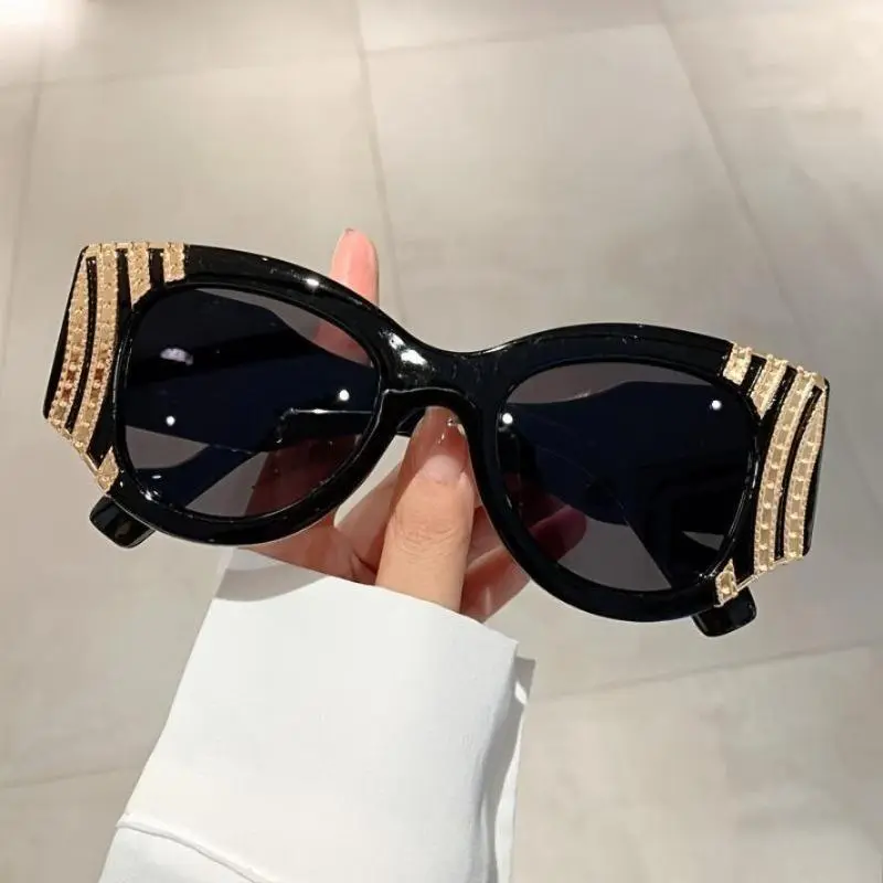Sunglasses for Women & Men, Oversized Vintage Cat-Eye Plastic Frame with Gold Embellished Stripes, Face-Flattering for Parties, Soft Plastic, Gala