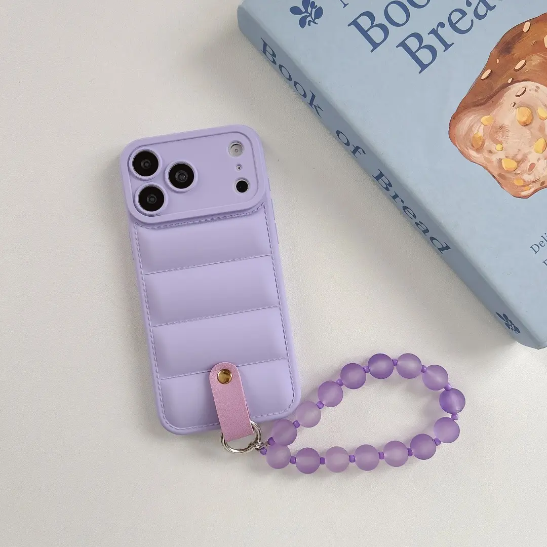 Trendy Quilted Puffer Phone Case with Frosted Beaded Wrist Strap, Soft Shockproof Pastel Protective Cover Suitable for iPhone 16E/17E iPhone 11 12 13 14 15 16 17 Pro Plus Promax