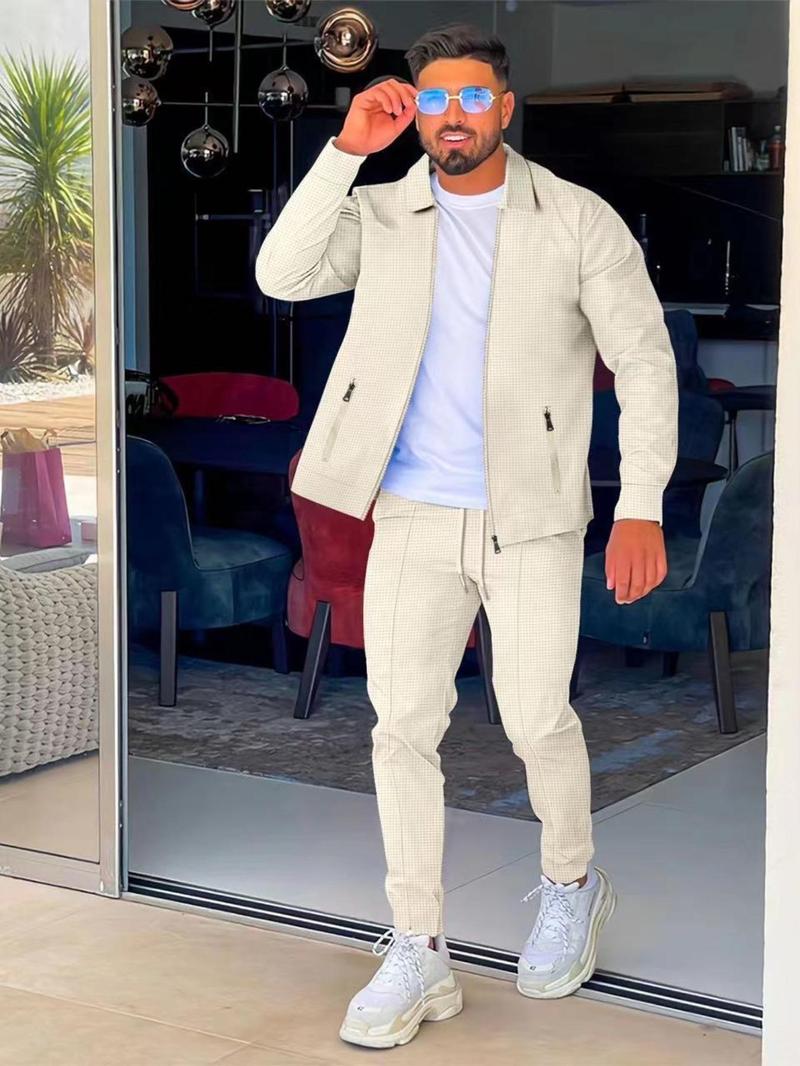 Men's Solid Color Jacket & Drawstring Waist Pants Two-piece Set, Regular Fit Casual Long Sleeve Outerwear & Pants for Daily Wear, Men's Two-piece Outfits for All Seasons Men's Solid Color Jacket & Drawstring Waist Pants Two-piece Set, Regular Fit Casual Long Sleeve Outerwear & Pants for Daily Wear, Men's Two-piece Outfits for All Seasons