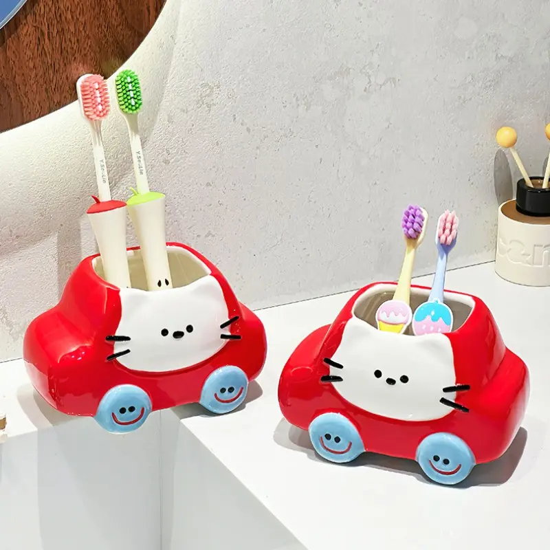 Super Cute Cartoon Car Cat Ceramic Toothbrush Holder, Fun Bathroom Vanity Decor, Toothpaste & Toothbrush Storage Organizer for Sink Countertop, Make Brushing Teeth Enjoyable