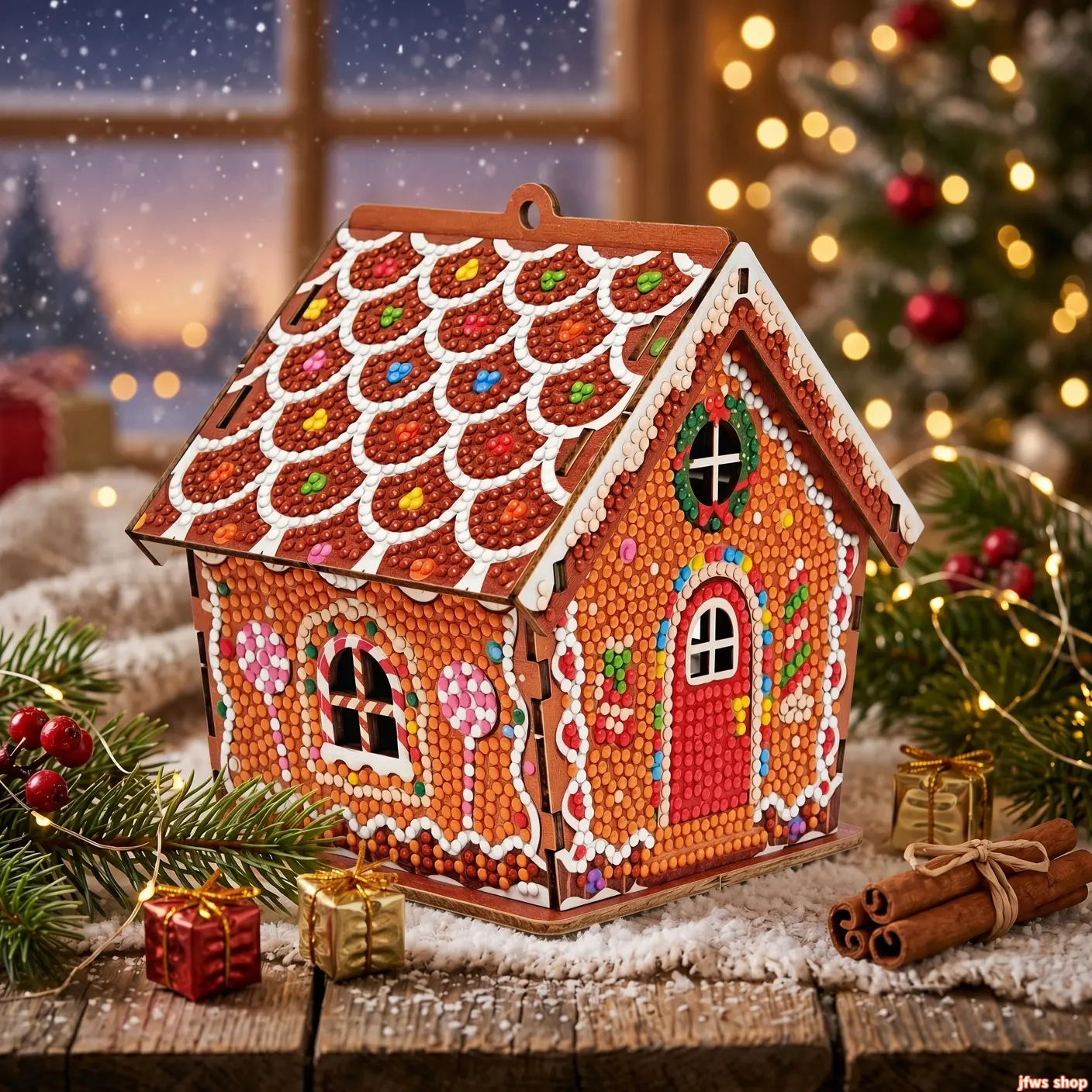 3D Diamond Art Gingerbread House Wooden Puzzle Craft Kit with Tools – DIY Christmas Diamond Painting Ornament, Cozy Holiday Craft Set for Adults & Kids, Aesthetic Winter Decor Gift