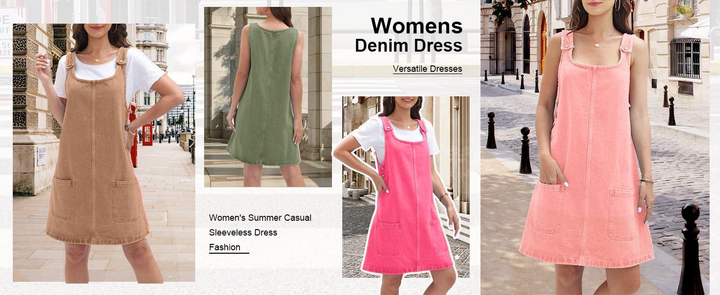 Imily Bela Women's Sleeveless Casual Denim Dress Crewneck Vintage Overall Mini Dress with Pockets