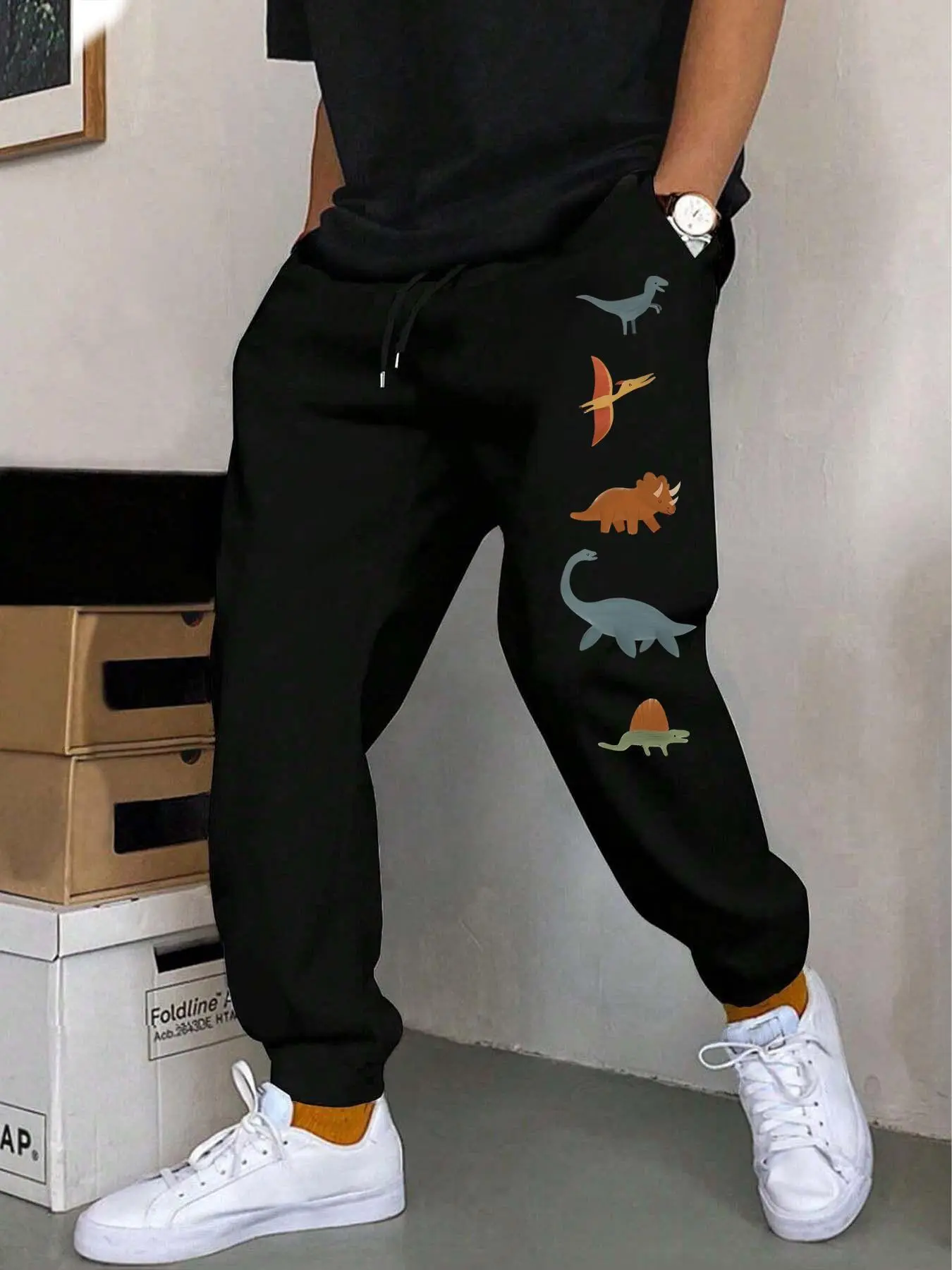 Men's Dinosaur Print Pocket Drawstring Waist Sweatpants, Regular Fit Casual Soft Comfortable Jogger Pants for Outdoor Daily Wear, Men's Trousers for All Seasons, Casual Style Sweatpants