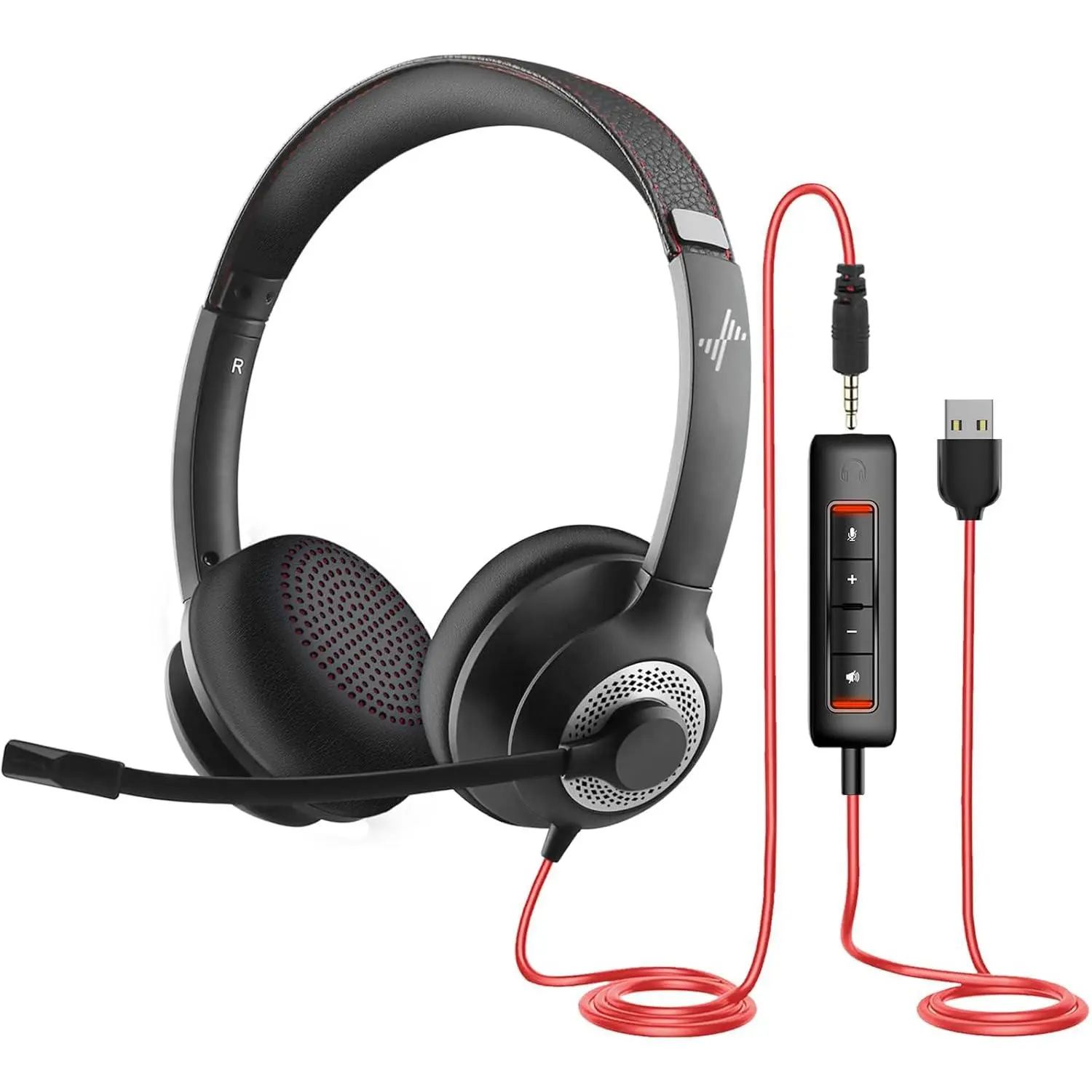 USB Headset with Microphone for PC, On-Ear Computer Laptop Headphones with Noise Cancelling Microphone in-line Control for Home Office Online Class Skype Zoom (USB+3.5mm, Black)