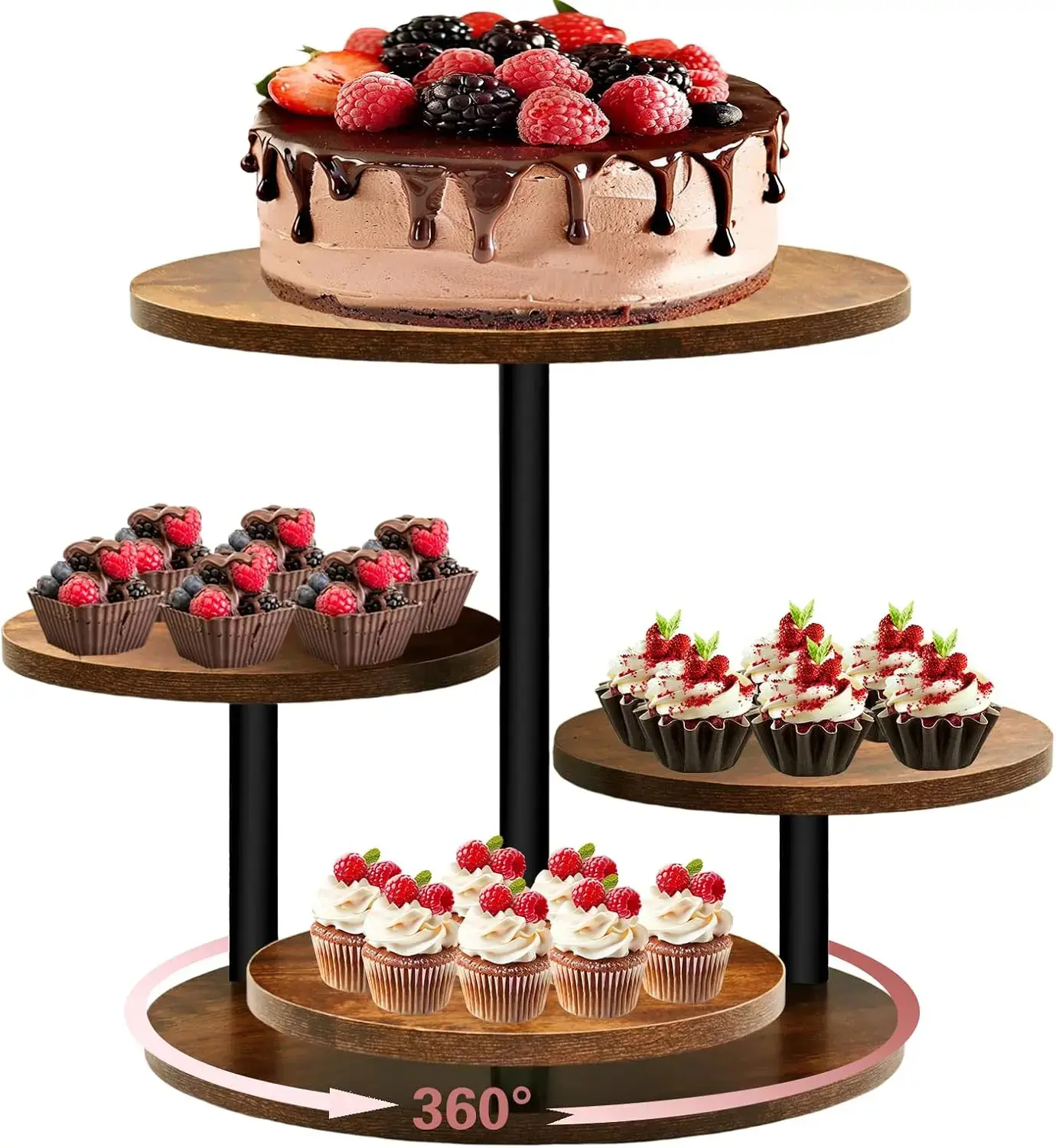 Tier Round Cupcake Tower Stand for 50 Cupcakes, 360 °   Rotating Wood Cake Stand with Tiered Trays, Farmhouse Cookie Stand for Dessert Table Display for Wedding Birthday Baby Shower Tea Party