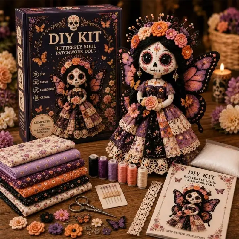 Halloween Sugar Skull Patchwork Doll DIY Kit, Adult Sewing Craft Material Pack, Halloween Autumn Home Decor Gift Idea