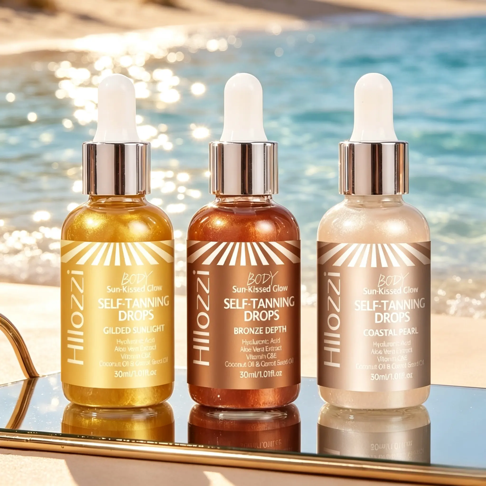 Sun-kissed bronze self-tanning drops with subtle gradual color transition, dual moisturizer aloe & coconut oil ease dryness. Works on all complexions for customizable soft premium vacation tan without harsh orange undertones.