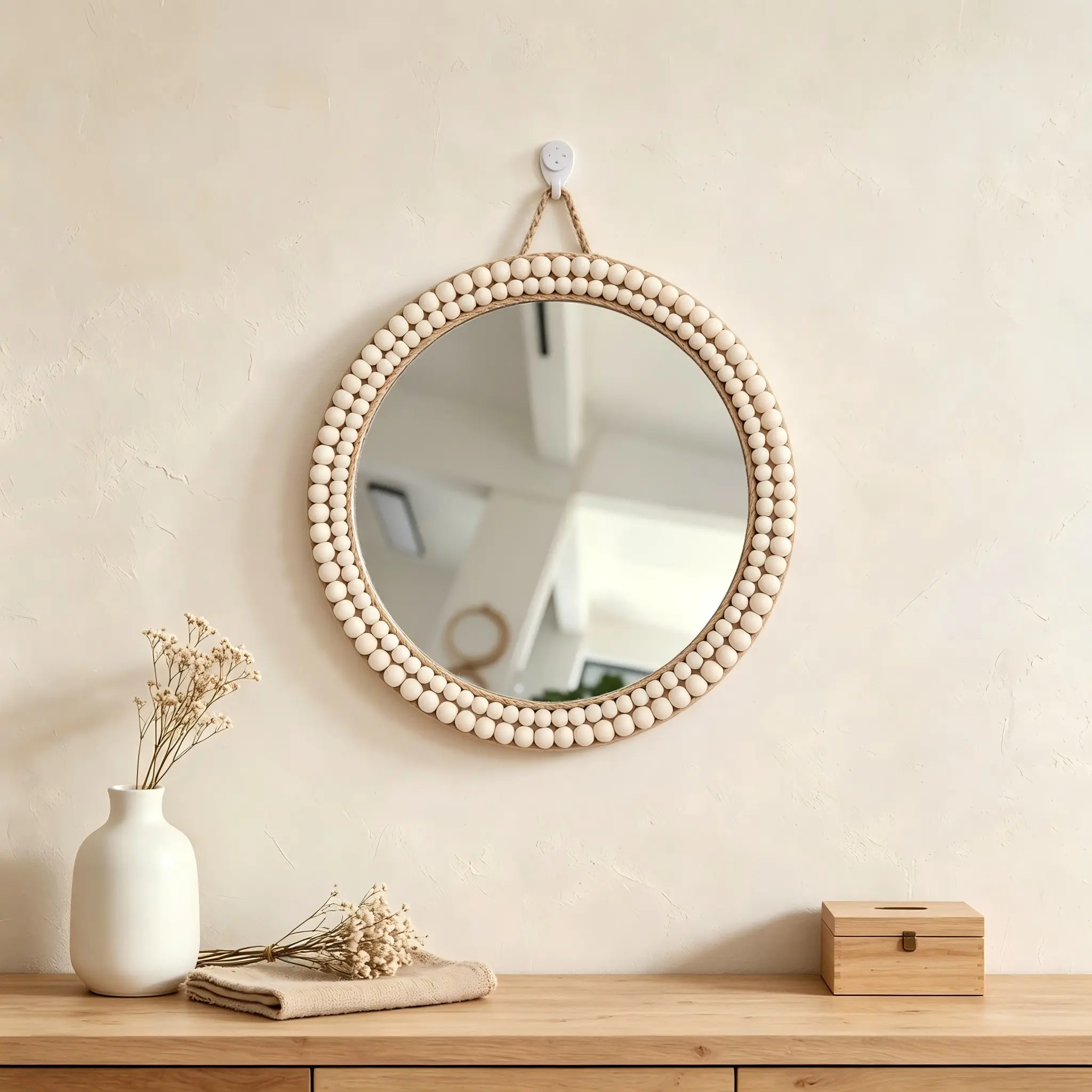 1Pc Boho Round Bead & Rope Decor Wall Mirror, Aesthetic Natural Woven Decorative Hanging Mirror, Ideal for Bedroom, Living Room & Entryway