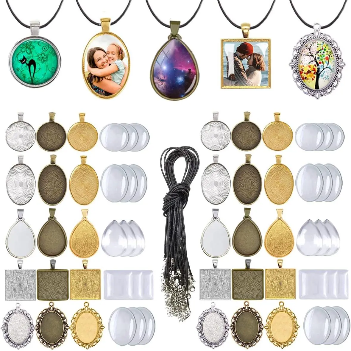 90 count Pendant Trays Kit for DIY  Craft Making | Pendant Bezel Blank Trays, Glass Cabochons, Waxed Necklace Cords, For Photo Cameo  Making
