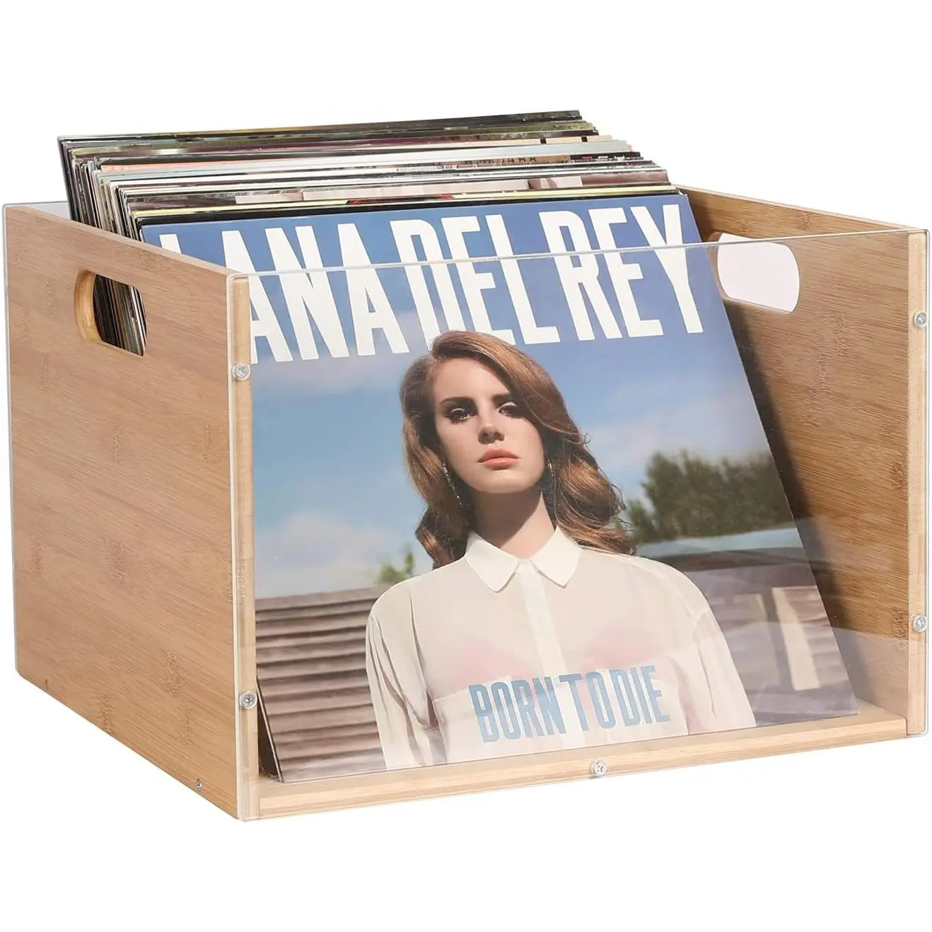 Vinyl Record Storage Crate, Visible Acrylic & Bamboo Vinyl Record Holder with Handle, Record Crates for Vinyl LP Album Magazine, Cube Box Storage and Organizer, Easy to Assemble