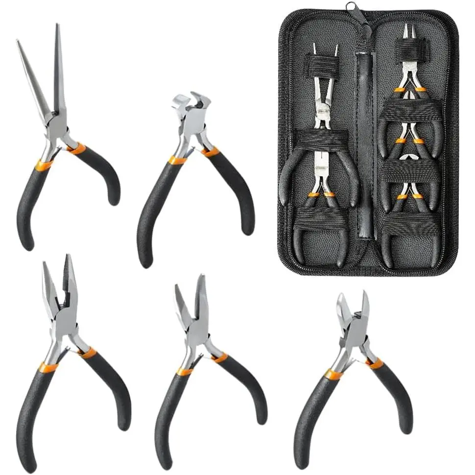5-Count Mini Stainless Steel Pliers Set - Durable Precision Hand Tool Kit with Rubber Grips & Spring Mechanism for Crafts, DIY; Includes Long Nose, Bent Nose, Diagonal, End Nipper (Black), Five Pliers