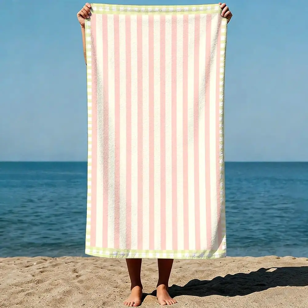 Sand-Free Microfiber Beach Towel - Minimalist Pink & Cream Vertical Stripes, Green Checkered Border, Graphic Design, Smooth, Lightweight, Quick-Dry, Compact, Wrinkle-Resistant, Glam Synthetic Plain Weave Travel Towel for Home & Bathroom Use