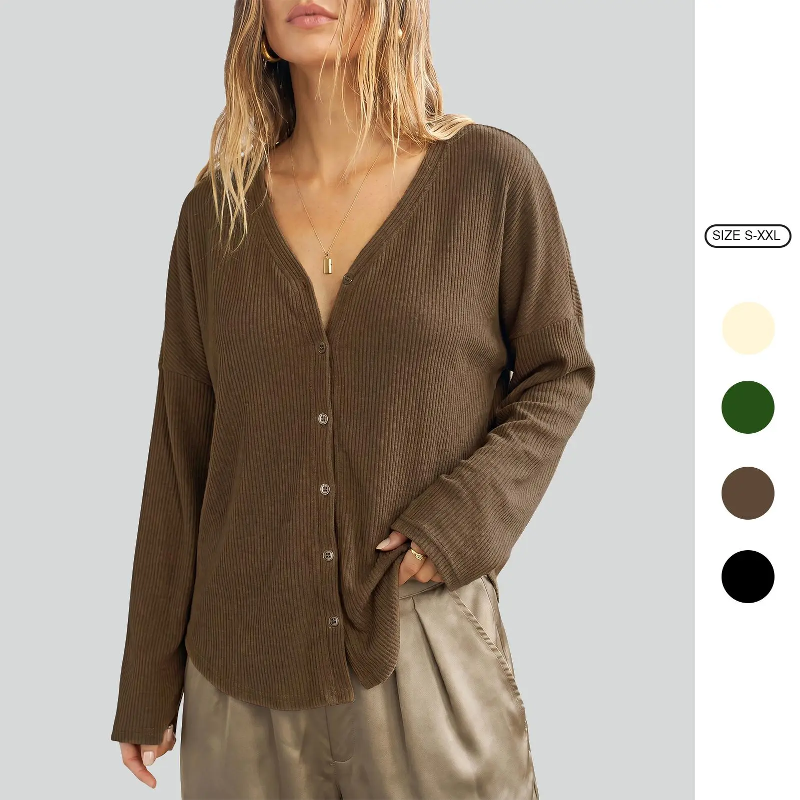 Imily Bela Women's V Neck Ribbed Knit Top Button Front Long Sleeve Cardigan Loose Fit Fall Fashion Knit Top