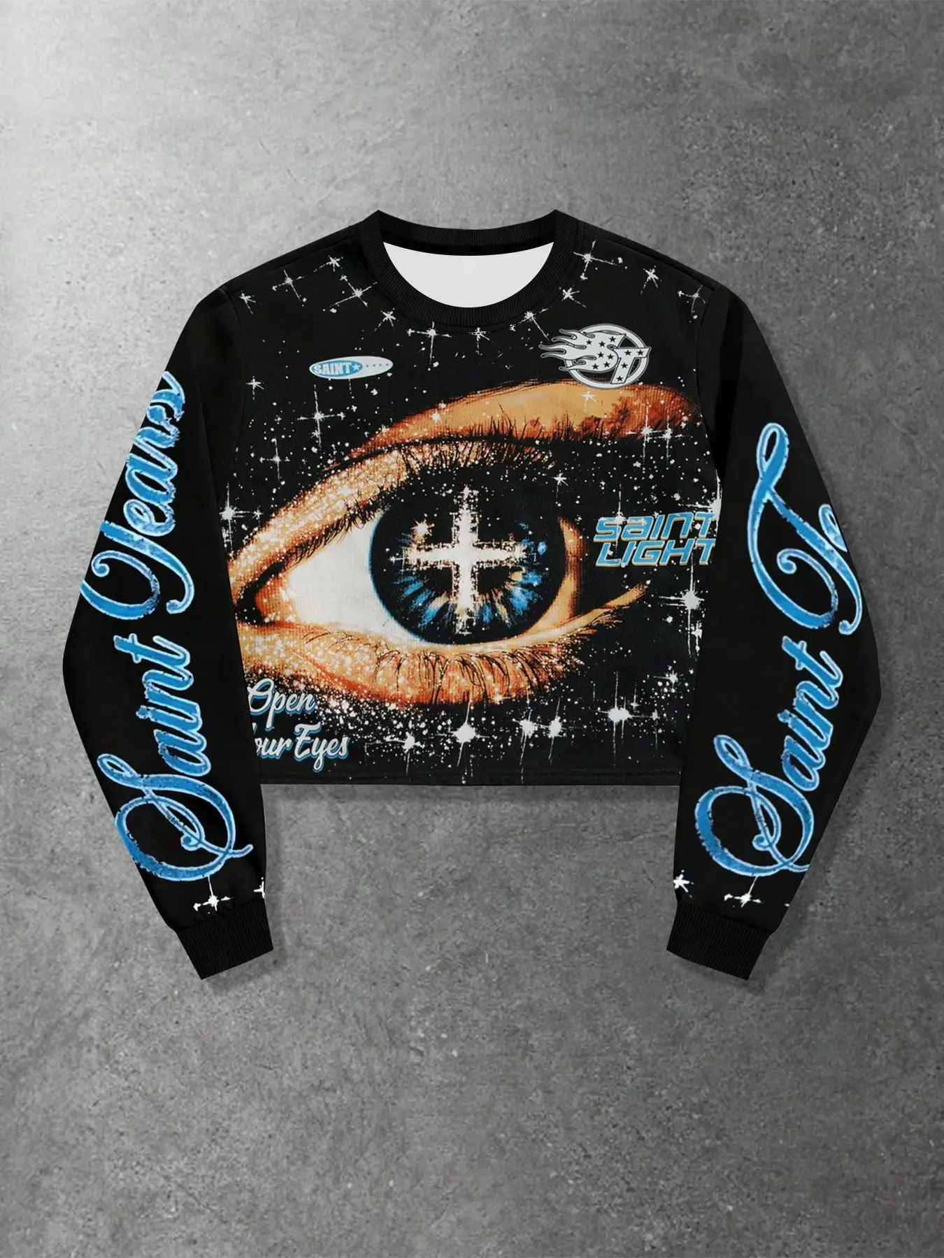 1 Pc Men Cropped Long Sleeve Sweatshirt Galaxy Eye Cross & Cursive Letter Print Crew Neck Short Pullover For Streetwear Street Hip Hop Daily Casual Wear