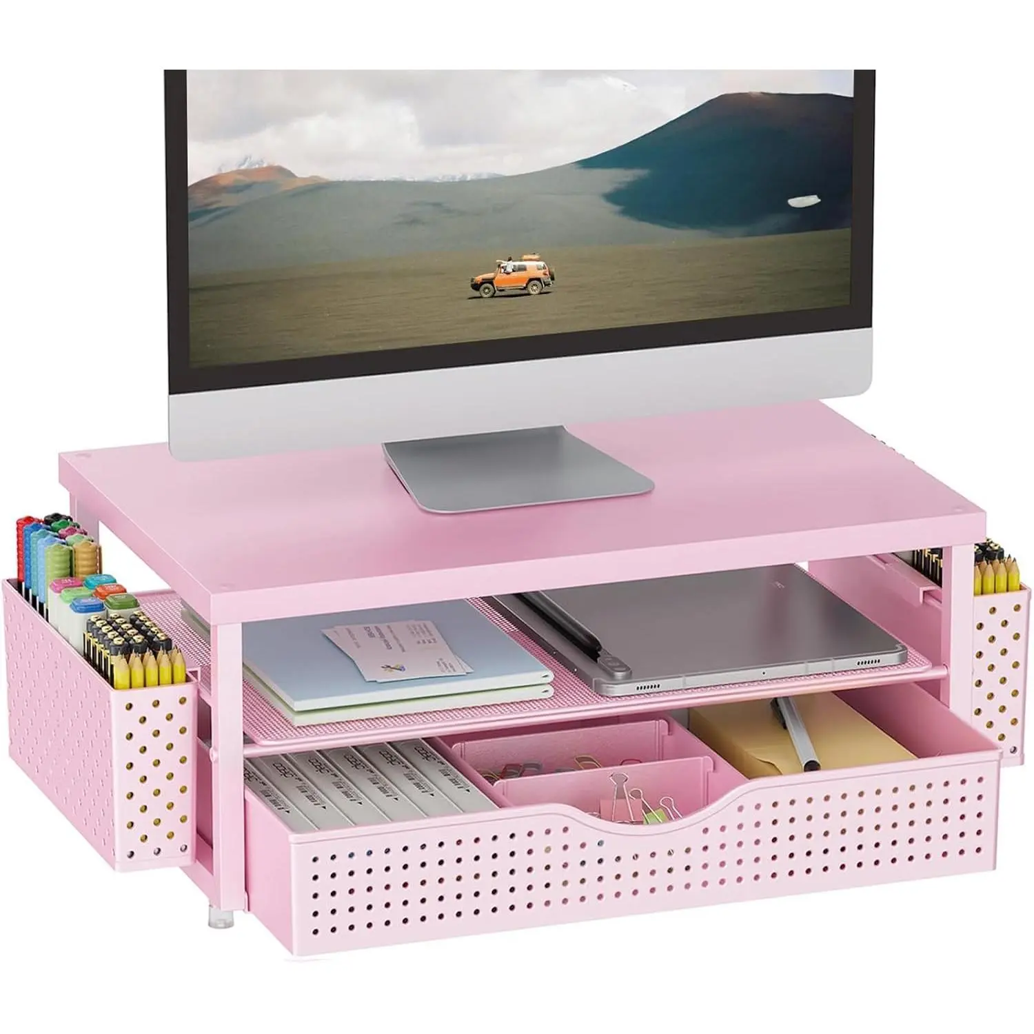 Desk Organizers and Accessories, Monitor Stand with Drawer and 2 Pen Holder, Desktop Organizer Suitable for Offices and Dormitories (Pink-Plain)