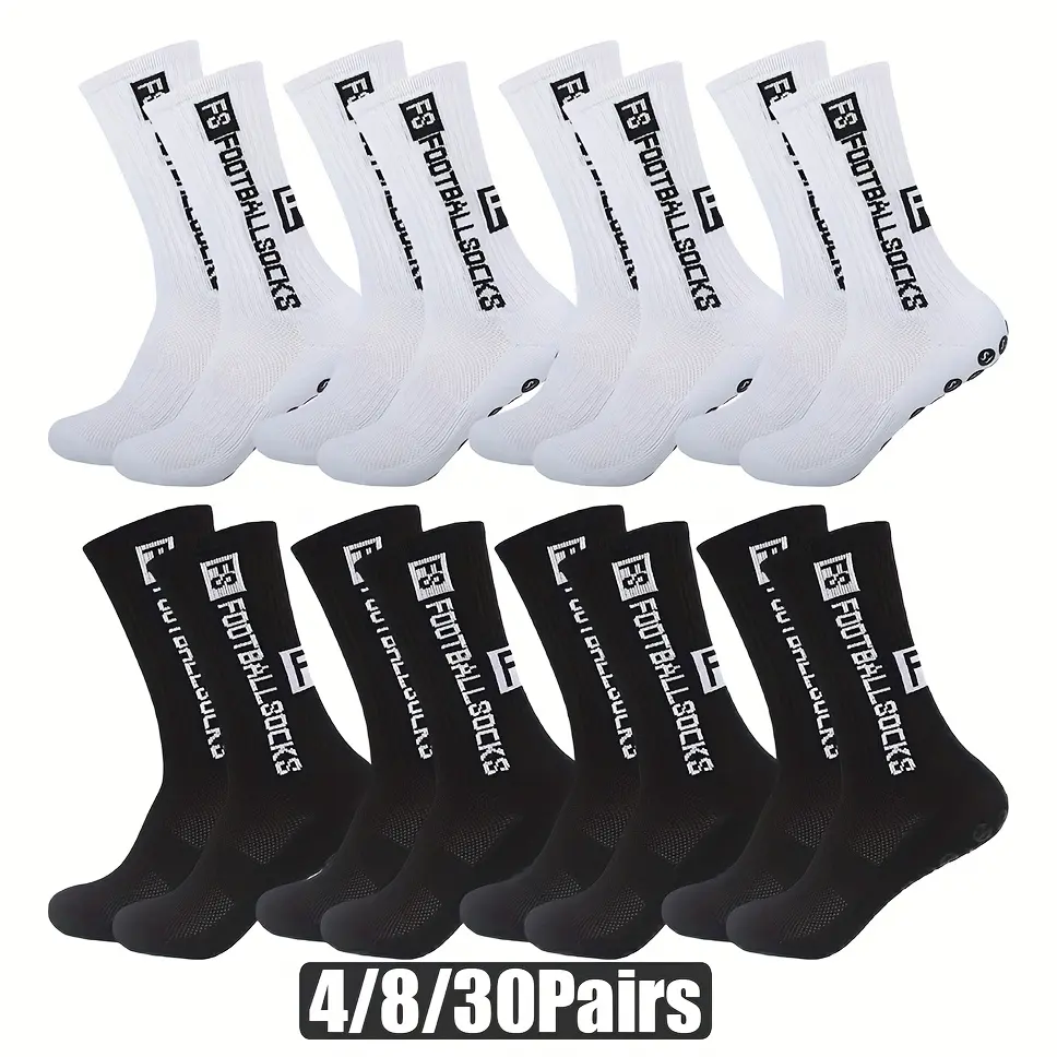 4/8 Pairs Unisex Athletic Socks with Rubber Grip - Shockproof, Breathable Sports Socks for Football, Soccer, Basketball, Rugby, Skateboard - White & Black Design, Ribbed Cuffs, Reinforced Toe & Heel, Cute Socks