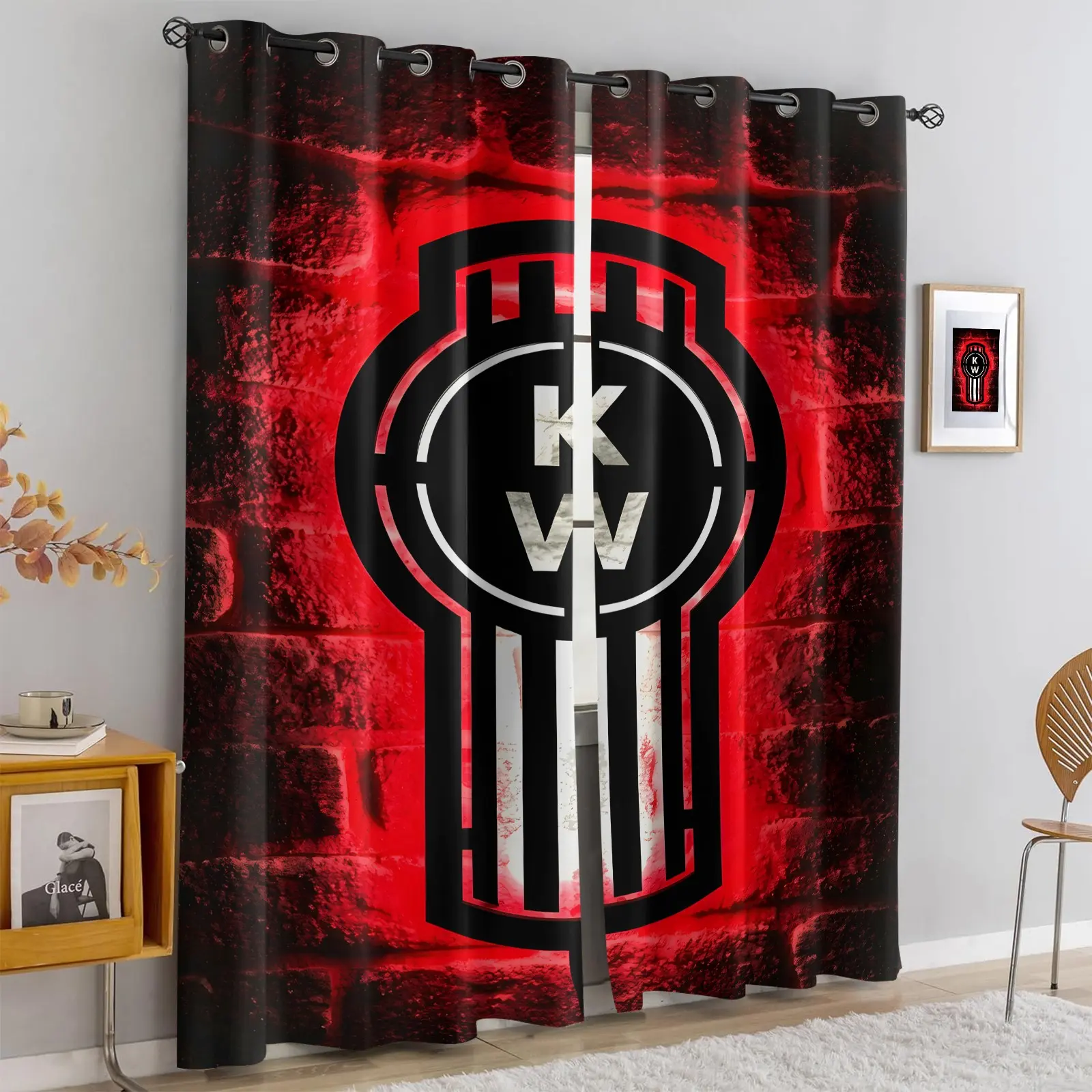 2 Panels Red Brick Kenworth Logo Blackout Curtains, Retro Truck Badge Graphic Print Grommet Window Drapes, Machine Washable Light Blocking Curtains for Immersive Sleep, Man Cave Boys Bedroom Industrial Decor